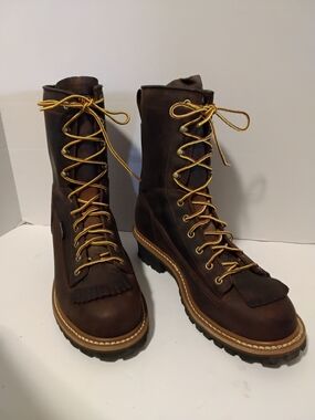 Men's Brown Lace-Up Leather Work Boots with Yellow Laces